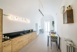 Loft kitchen design without upper cabinets