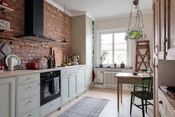 Loft kitchen design without upper cabinets