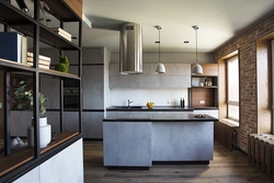 Loft kitchen design without upper cabinets