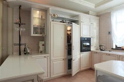 Built-in refrigerator in the kitchen interior photo