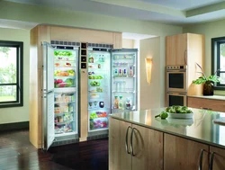 Built-in refrigerator in the kitchen interior photo