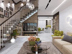 Pilləkənlərlə müasir salon interyerləri