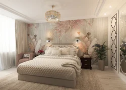 Wallpaper with feathers in the bedroom interior