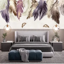 Wallpaper with feathers in the bedroom interior