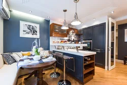 Kitchen interior with island and sofa