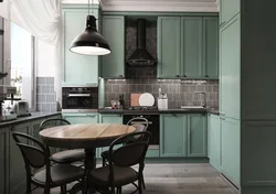 Combination of emerald color with other colors in the kitchen interior