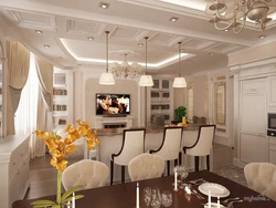 Chandeliers in the living room combined with the kitchen photo