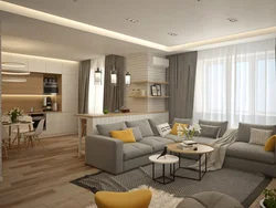 Living room design in a modern style in light colors 25 sq.m.