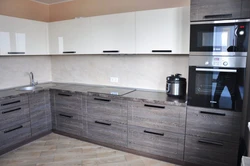 Corner gray kitchens with wood photo