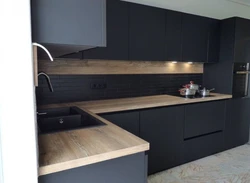 Corner gray kitchens with wood photo