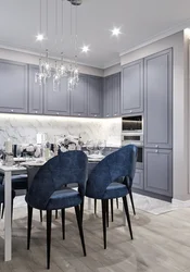 What colors goes with gray-blue in the kitchen interior