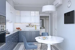 What colors goes with gray-blue in the kitchen interior