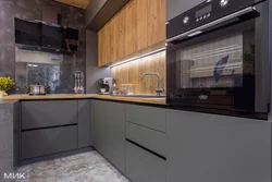 Corner gray kitchens with wood photo