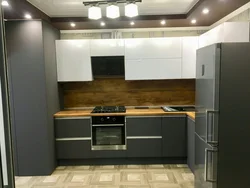 Corner gray kitchens with wood photo