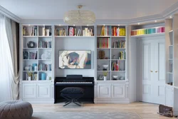 Дизайн гостиной с книжным шкафом фото