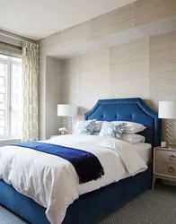 Blue bed in the bedroom interior photo