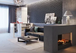 Qonaq otağının interyerində loft tipli şömine