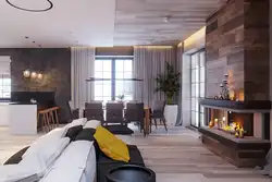 Yashash xonasining ichki qismidagi loft uslubidagi kamin