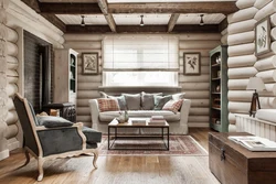Interior of a wooden house kitchen living room
