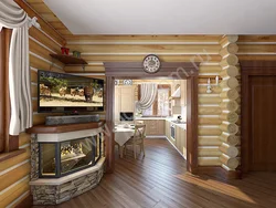Interior of a wooden house kitchen living room