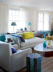 What colors go with blue-gray in the living room interior
