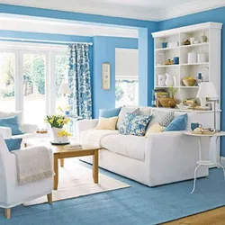 Blue walls in the living room interior photo