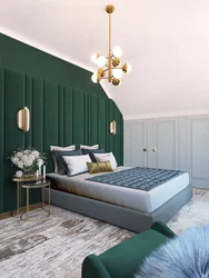 Green bed in bedroom interior photo design