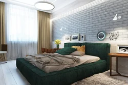 Green bed in bedroom interior photo design