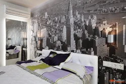 Gray photo wallpaper in the bedroom interior