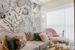 Wallpaper with a pattern in the living room interior