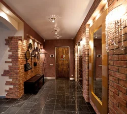 Hallway design with stone and wallpaper