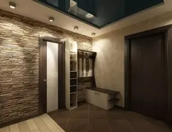 Hallway design with stone and wallpaper