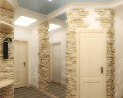 Hallway design with stone and wallpaper