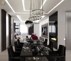 Interyerda zamonaviy uslubda oshxona yashash xonasida qandil