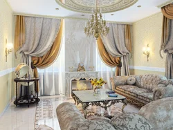 Klassik üslubda qonaq otağı üçün pərdə dizaynı