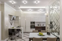 Kitchen design with mirror tiles on the wall