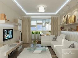 Design of a rectangular living room 17 sq m with a balcony photo