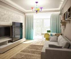 Design of a rectangular living room 17 sq m with a balcony photo