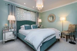 Bedroom with turquoise bed photo