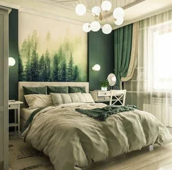 Combination of gray and green in the bedroom interior