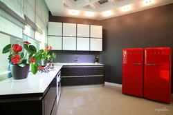 Kitchen with red refrigerator interior photo