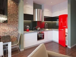 Kitchen with red refrigerator interior photo