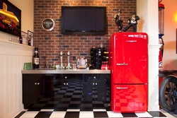Kitchen with red refrigerator interior photo