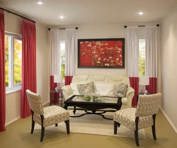 Living room with red curtains photo