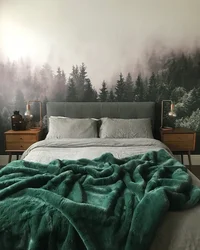 Green bed in the bedroom interior