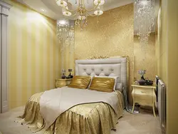 Bedroom design with gold wallpaper