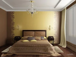 Bedroom design with gold wallpaper