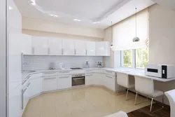 Дызайн інтэр'еру кухні ў сучасным стылі ў светлых танах кутняя