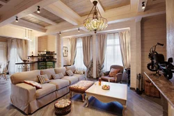 Living room in a wooden house made of timber interior photo