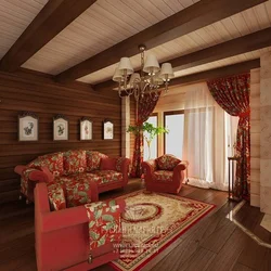 Living room in a wooden house made of timber interior photo